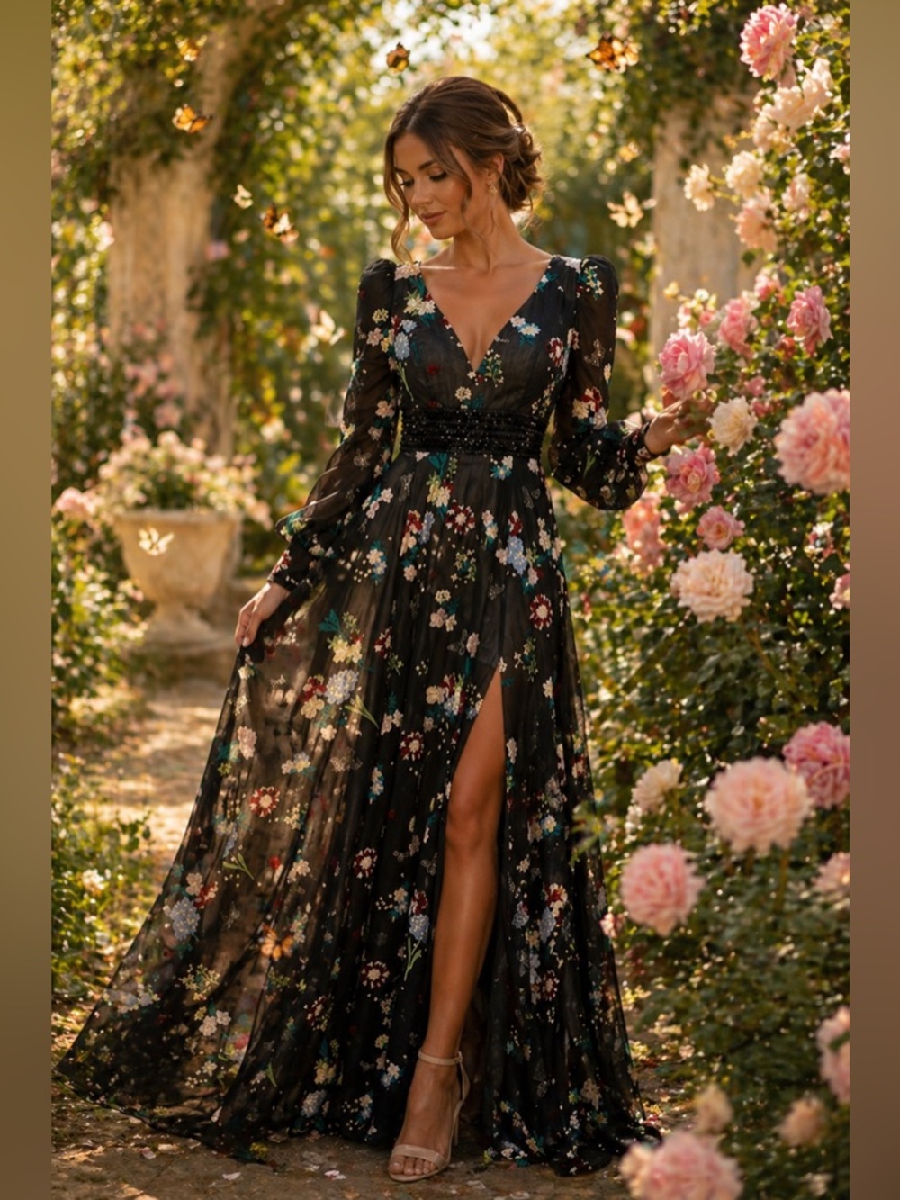 Mac Duggal | 79361 Embroidered Bishop Sleeve V Neck Flowy Gown Size 12 NEW